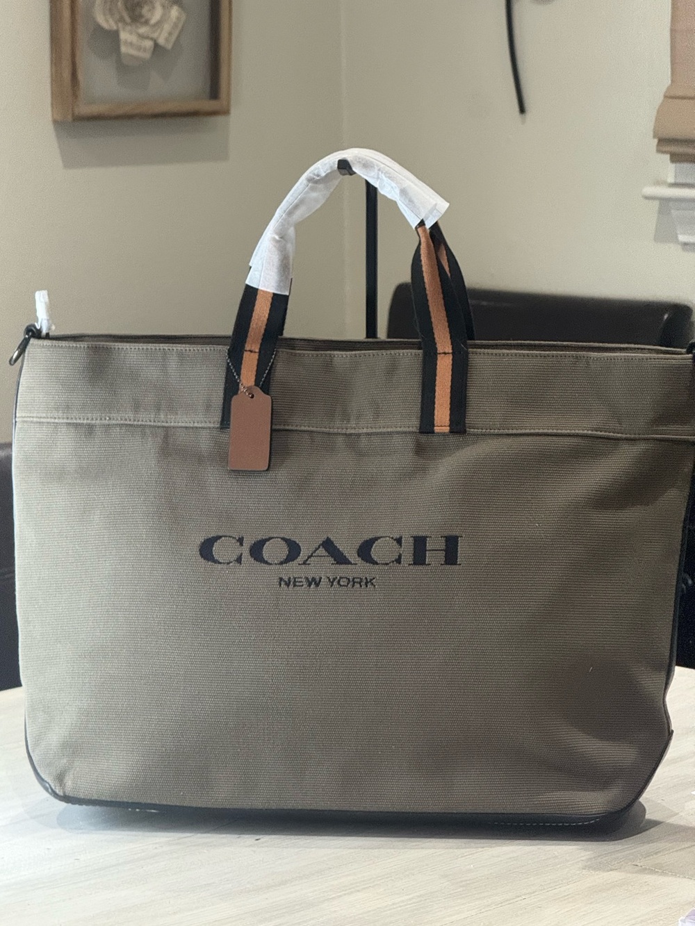 Coach Olive Canvas Tote with Black and Tan Handle Accents